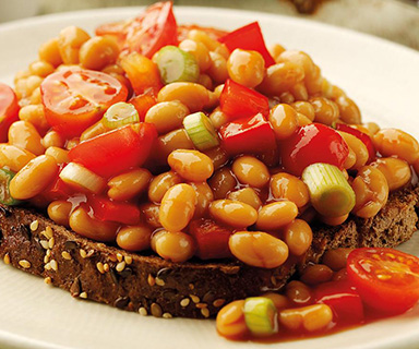 Warburtons Baked Beans with Red Pepper and Cherry Tomatoes on Toast