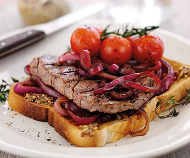Warburtons Open Steak Sandwich with Mustard and Onions