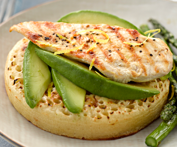 Chicken, avocado and asparagus on a giant crumpet